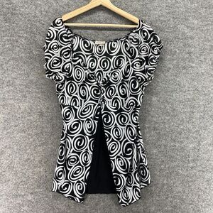 5/$45 MKM Blouse Women M Medium Black Geometric V-Neck Short Sleeve Pullover